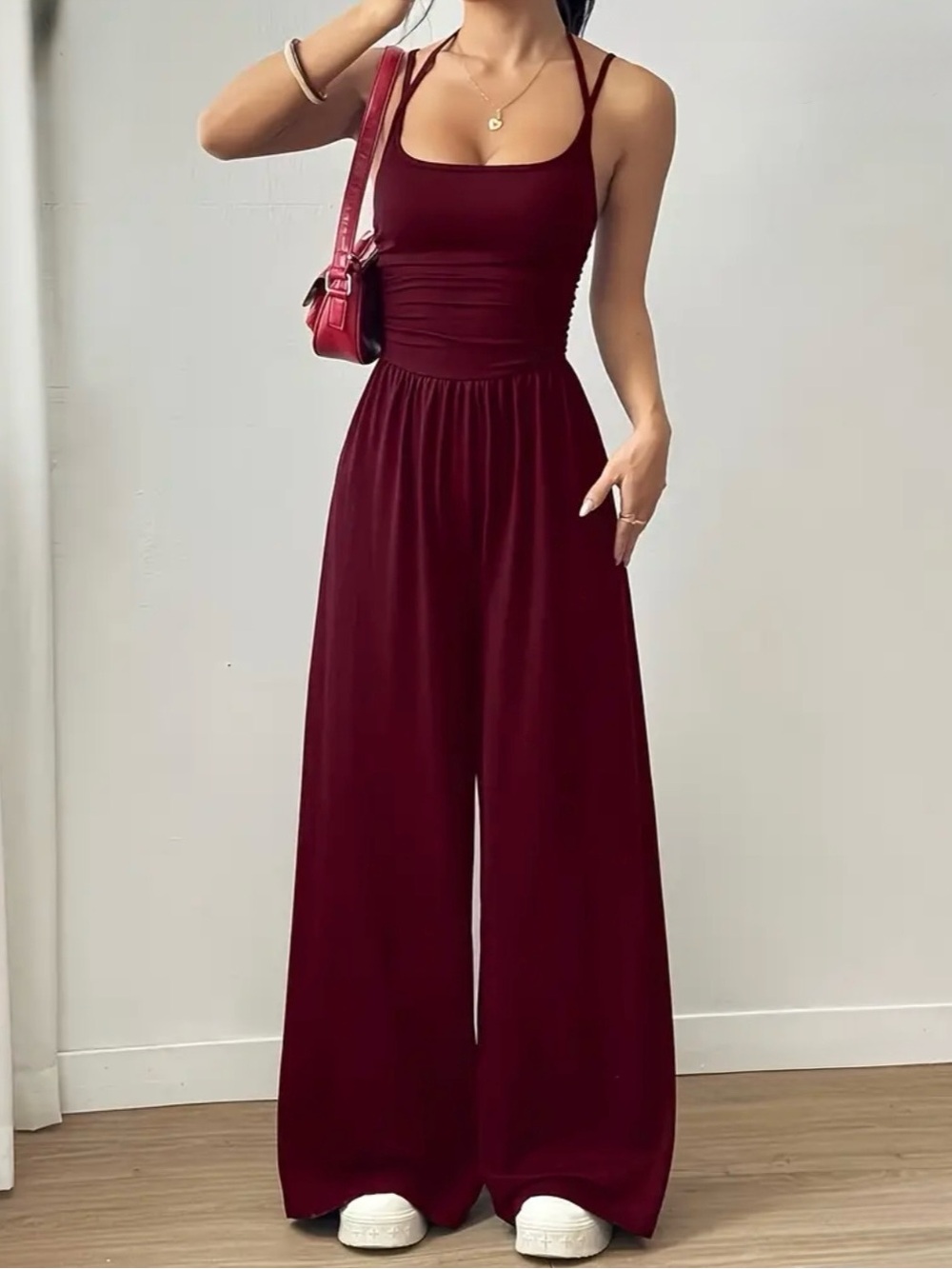 Wide-Leg Jumpsuit in Burgundy - Sleeveless Strappy Top - Picture 4 of 5